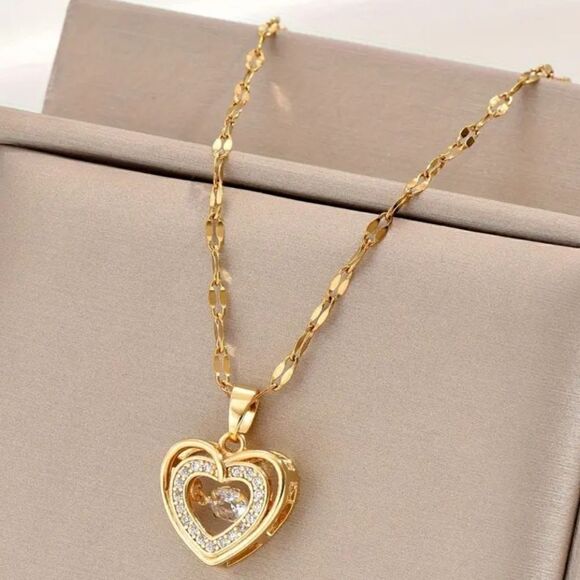 Double-layer three-dimensional gold heart love shspe stainless steel necklace - Picture 1 of 6
